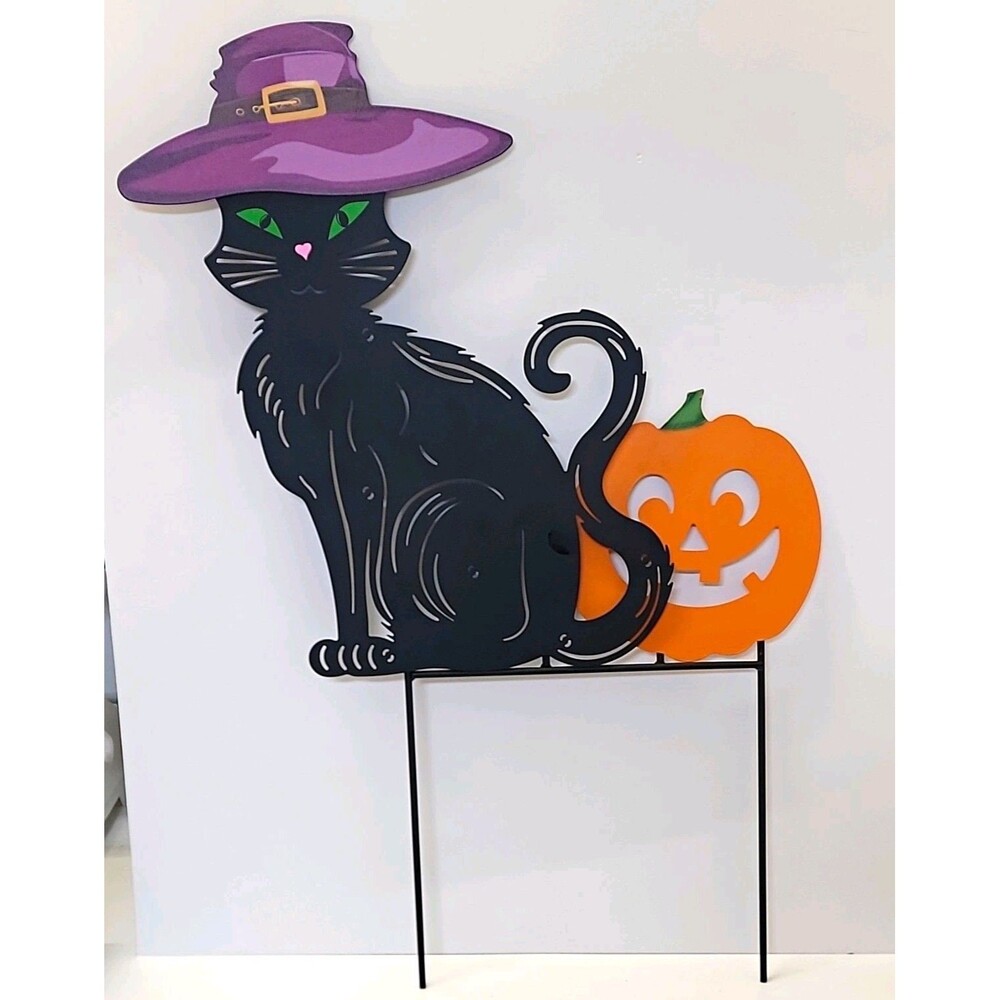 Halloween Outdoor Metal Yard Stake Black Cat Witch Hat & Pumpkin 17x16in